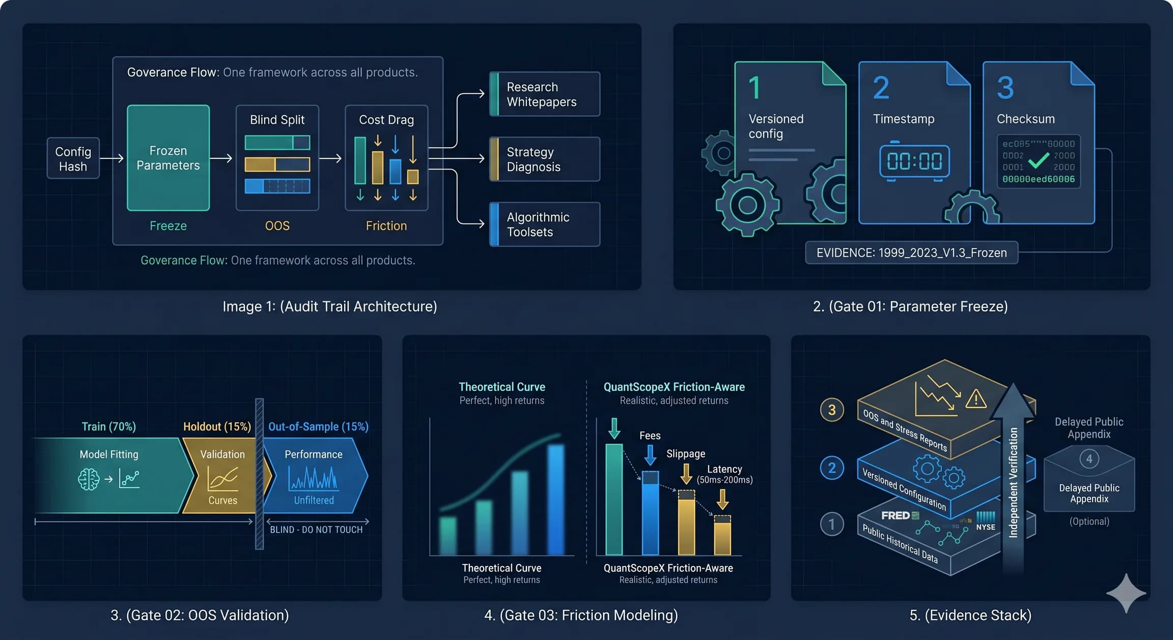 QuantScopeX methodology atlas showing audit trail architecture, parameter freeze, OOS validation, friction modeling, and evidence stack